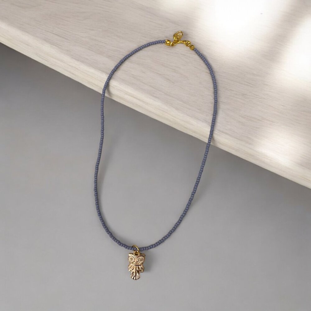HANDMADE Dainty Seed Bead Grey Gray Owl Choker Handmade Pendant Necklace